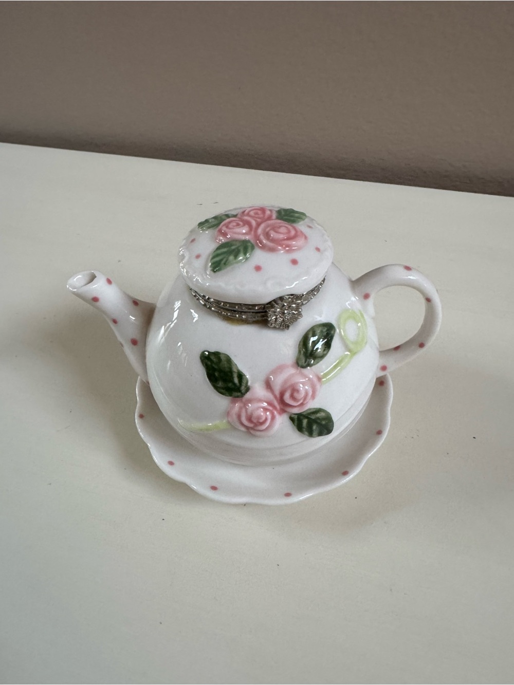 Small Porcelain Pink Rose Teapot with Saucer trinkets - White and Pink Floral